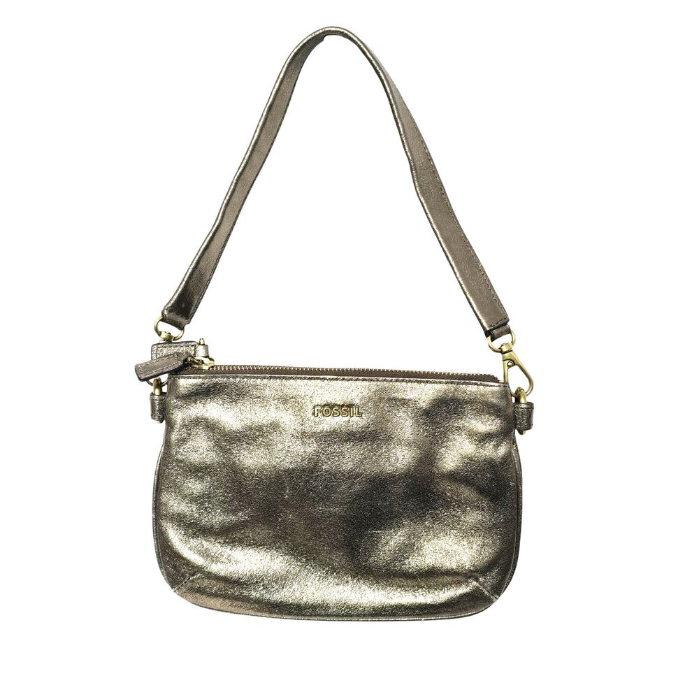 Fossil Memoir Top Zip Purse Shoulder Bag Gold Metallic Leather Purse‎ Baguette